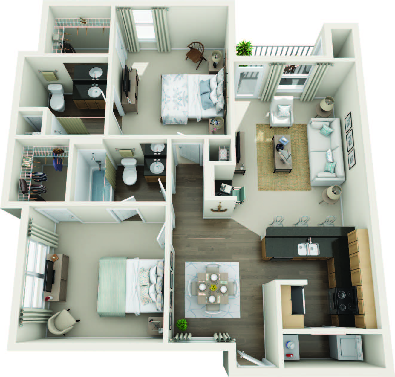 Floor plan for 2 beds, 2 baths, 967 sqft